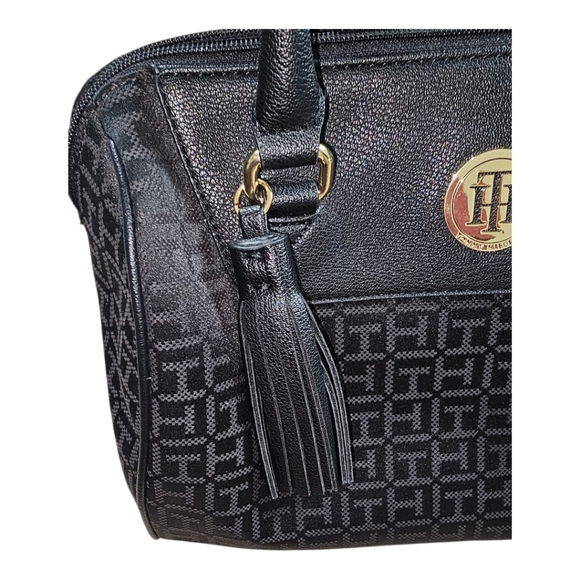 TOMMY HILFIGER Signature Jacquard Black Satchel with Large Tassel - Picture 3 of 8
